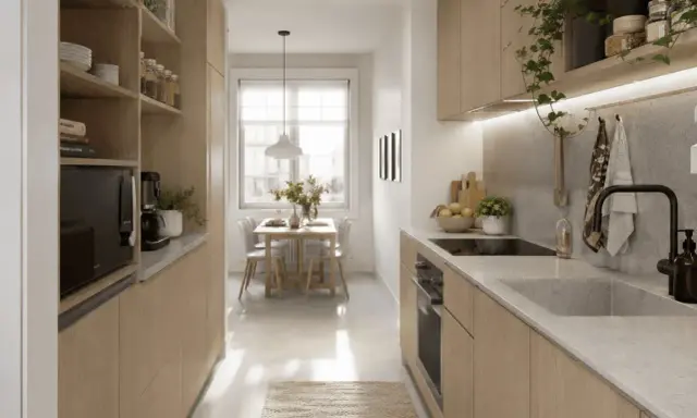 Cuisine moderne et lumineuse, avec des rangements en bois clair pour une optimisation petite cuisine. Une table et des chaises près de la fenêtre invitent à la convivialité.