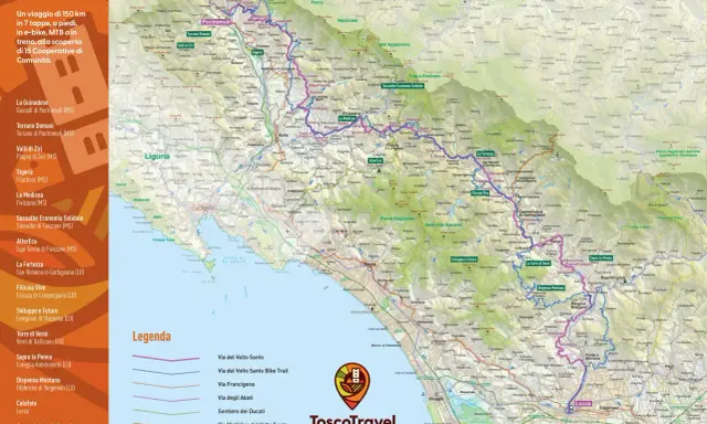 Mappa del percorso Via del Volto Santo, un viaggio di 150 km tra sentieri, bici e treno, attraverso la Toscana.