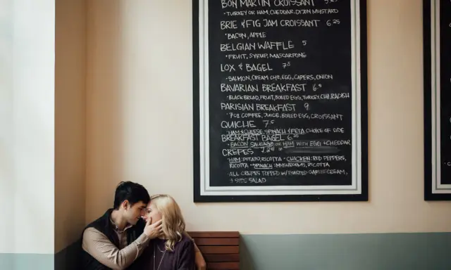 Para zakochanych przy tablicy z menu kawiarni.