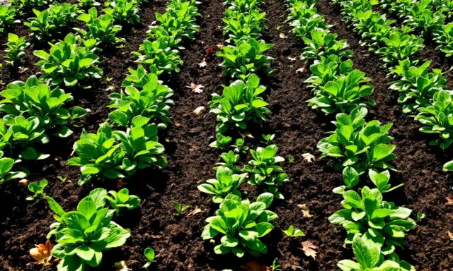 Légumes verts en rangées serrées, prêts pour le calendrier semis mâche.