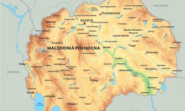Mapa fizyczna Macedonii Północnej z zaznaczonymi miastami, rzekami i jeziorami. Idealny przewodnik po regionie.