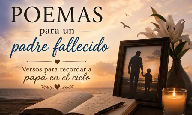Ricordo di un padre per una figlia: un libro aperto, una foto di un padre e figlio, fiori e una candela accesa, con il cielo al tramonto.
