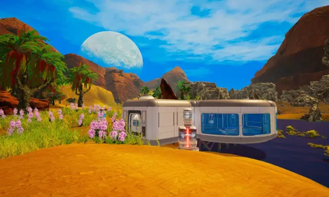Kolonia na obcej planecie, gdzie planet crafter buduje bazę wśród palm i różowych kwiatów, pod wielkim księżycem.
