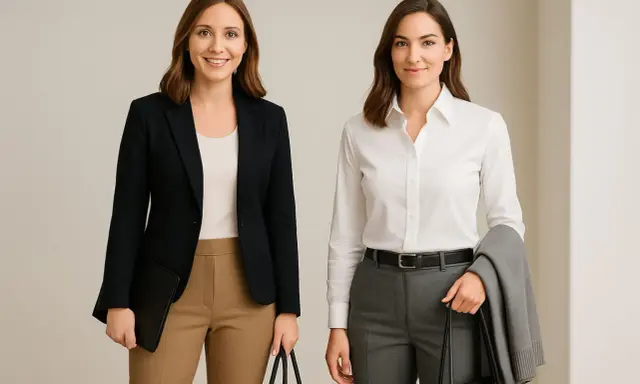 Two women showcase business casual style. One wears a navy blazer with tan pants, the other a white shirt with grey pants.