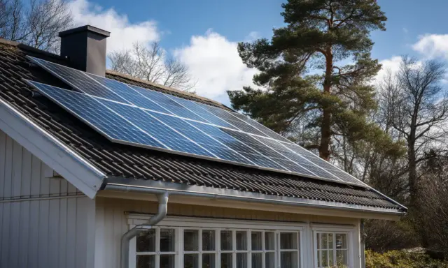 Solceller 5kw på taket av ett vitt hus, med träd och blå himmel i bakgrunden.