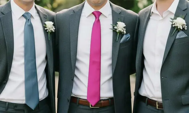 Groomsmen in grey suits with different colored ties. This image shows that you do not have to wear a tie to a wedding, but it's a stylish choice.