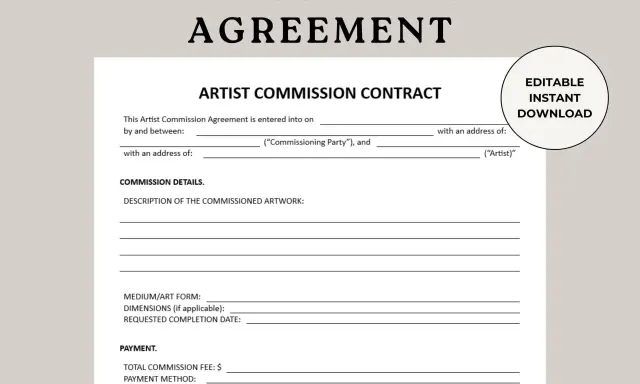 An artist commission agreement template, ready for download, detailing artwork specifications and payment terms for a commissioned piece.