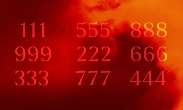 Czerwone liczby 111, 999, 333, 555, 222, 777, 888, 666, 444 na tle ognistych barw. Rusina Molly tekst.