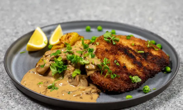 En gyllene panerad kotlett serveras med krämig svampsås, rostade potatisar, ärtor och citronklyftor.
