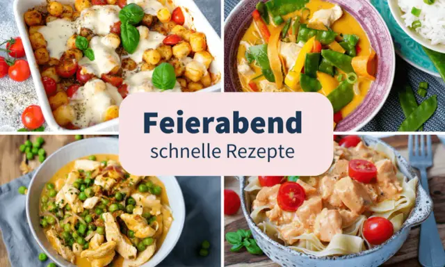 Vier leckere Rezepte für das Abendessen: Gnocchi-Auflauf, Curry mit Hähnchen, Hähnchen mit Erbsen und Pasta mit cremiger Sauce. Schnelle Ideen für jeden Tag.