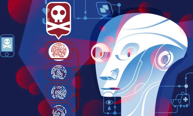 Kopf eines Roboters mit Fingerabdrücken und einem Totenkopf-Symbol, das auf die Gefahr des wannacry virus hinweist.