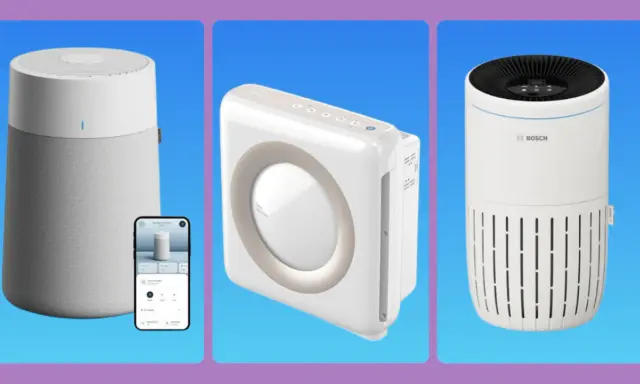 Tres purificadores de aire modernos, uno gris con app móvil, uno blanco cuadrado y uno blanco Bosch. Descubre para qué sirve un purificador de aire.