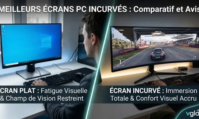 Comparaison d'un écran plat PC et d'un écran incurvé PC. Le plat est moins immersif, l'incurvé offre une meilleure immersion.