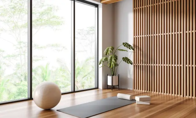 Ett ljust och luftigt yogarum hemma med stora fönster, en yogamatta, boll och en grön växt.