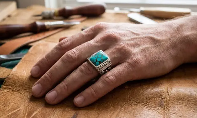Anello uomo con pietra turchese, simbolo di protezione e saggezza.