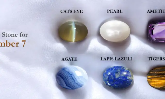 Sześć kamieni szlachetnych: kocie oko, perła, ametyst, agat, lapis lazuli, tygrysie oko, na białym tle.