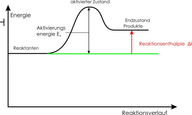 Energieprofil einer endothermen Reaktion: Reakanten steigen über Aktivierungsenergie zum aktivierten Zustand, dann zu Produkten mit höherer Energie.