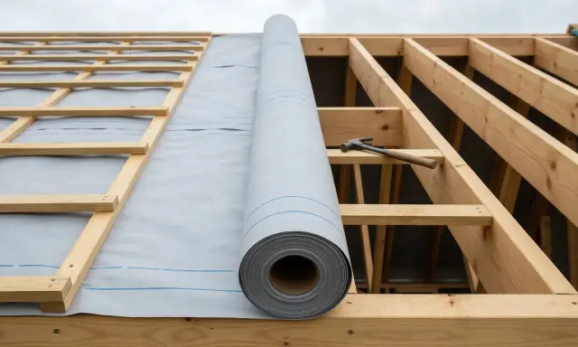 Rouleau de membrane HPV sur charpente de toit en bois. Un marteau est posé sur une poutre.