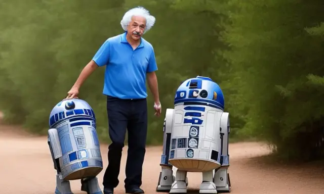 Albert Einstein pasea con dos droides R2-D2 por un camino rural. Una escena de ia realista.