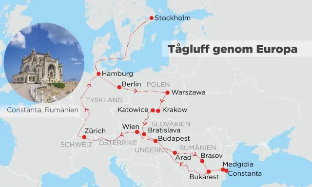 Karta över en tågluff genom Europa med stopp i Stockholm, Hamburg, Berlin, Warszawa, Wien, Budapest och Bukarest. Drömmer du om tågluffa Europa gratis 2024?