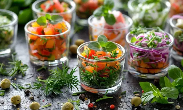 Petits verres de légumes colorés, parfaits pour une recette tapas gastronomique. Fraîcheur et couleurs vives pour un apéritif raffiné.