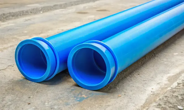 Dwie niebieskie rury PVC leżą na betonie. To idealna jaka rura do przyłącza wody, gotowa do montażu.