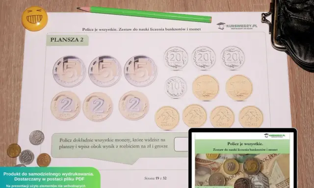 Zestaw do nauki liczenia polskie banknoty do wydruku dla dzieci. Plansza z monetami 5 zł, 2 zł, 20 gr, 10 gr, 5 gr.