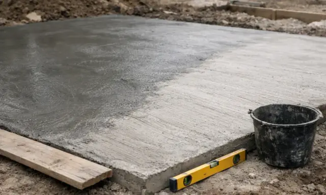 Świeżo wylany beton, widoczna różnica w wilgotności i fakturze. Narzędzia budowlane obok sugerują początek prac i testowanie wytrzymałości betonu po 1 dniu.