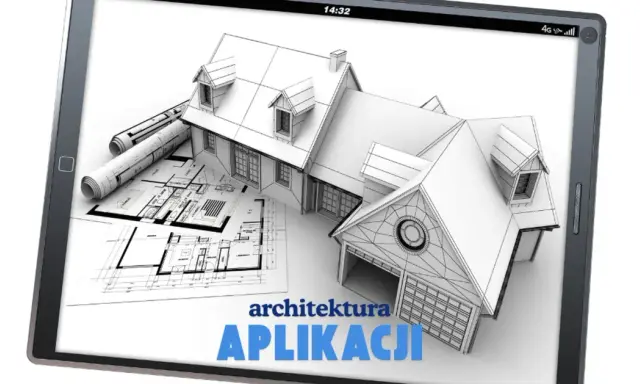 Na ekranie tabletu widok domu w szkicu, plany architektoniczne i tekst "architektura APLIKACJI".