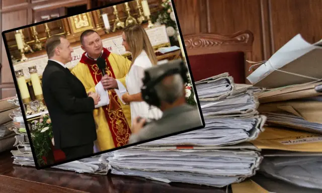 Kiedy można dostać rozwód kościelny? Para przed ołtarzem, ksiądz i sterty akt.