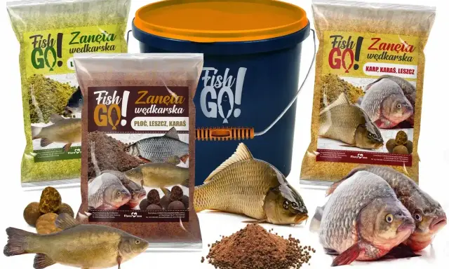 Zestaw zanęt wędkarskich Fish GO! z wizerunkami ryb i kulkami proteinowymi. Idealne na karpia, płoć i leszcza.