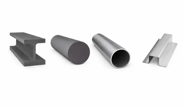 Perfiles laminados de acero: viga I, barra maciza, tubo y perfil en U.