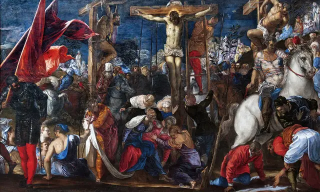La Crucifixion, chef-d'œuvre du Tintoret, dépeint la scène dramatique avec une foule intense et des figures expressives.