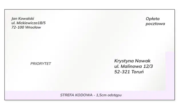 Koperta z adresem nadawcy Jan Kowalski, Wrocław i odbiorcy Krystyna Nowak, Toruń. Widoczna opłata pocztowa i oznaczenie PRIORYTET.