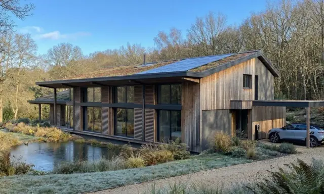 Une maison écologique moderne avec un toit végétalisé et des panneaux solaires, nichée près d'un étang gelé.
