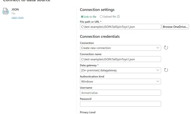 Konfiguracja połączenia z plikiem JSON. Wpisz ścieżkę do pliku, np. C:\test-examples\JSON\TailSpinToys1.json, aby zapisać dane w C#.