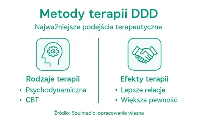 Metody terapii DDD: psychodynamiczna, CBT. Efekty: lepsze relacje, większa pewność. Programowanie DDD.