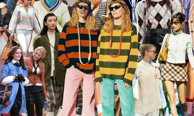 Kolekcja ubrań w stylu preppy: swetry w paski, romby, kraciaste spódniczki i marynarki.