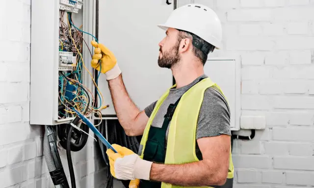 Elektryk w kasku i kamizelce odblaskowej pracuje przy skrzynce z przewodami. Zastanawia się, ile za punkt elektryczny.