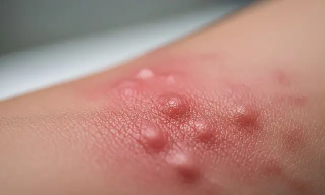 Pelle arrossata con vescicole, un esempio di dermatite da stasi. Si cercano rimedi della nonna per alleviare il prurito e l'infiammazione.