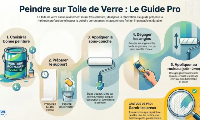 Guide étape par étape pour peindre sur toile de verre. Illustration montrant la préparation, l'application de sous-couche et de peinture avec rouleau et pinceau.
