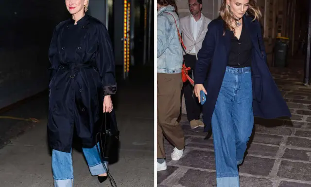 Naomi Watts i Natalie Portman w szerokich jeansach z podwijaniem spodni, obie w eleganckich płaszczach.