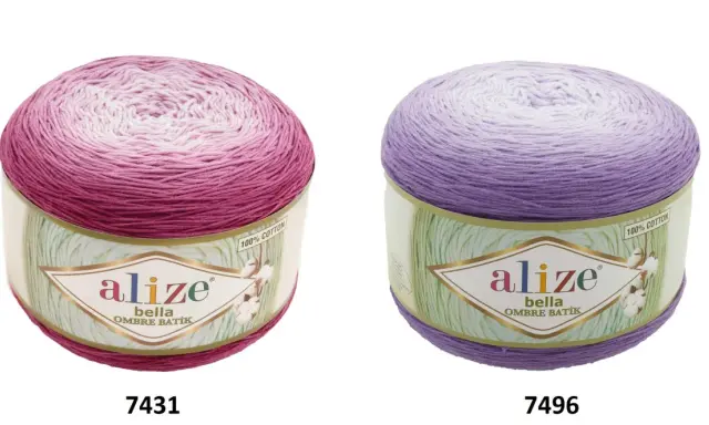 Dwa motki włóczki Alize Bella Ombre Batik: jeden w odcieniach różu, drugi fioletu. Idealne do letnich projektów.