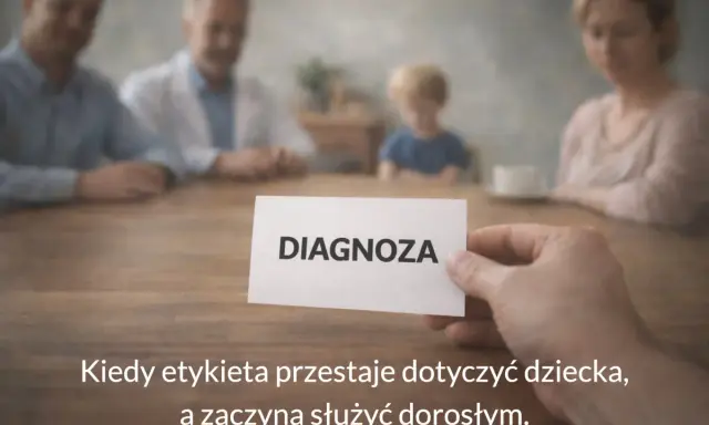 Dyskalkulia co to? Rodzina przy stole, ręka trzyma kartkę z napisem "DIAGNOZA". Kiedy etykieta przestaje dotyczyć dziecka, a zaczyna służyć dorosłym.