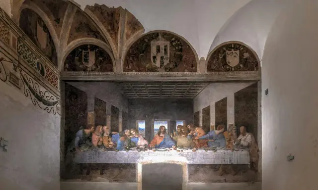Den sista måltiden, en berömd fresk av Leonardo da Vinci, visar Jesus och hans lärjungar vid ett bord.