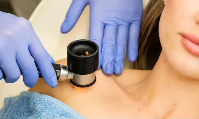 Dermatolog w niebieskich rękawiczkach bada znamię dermatoskopem na skórze pacjentki.
