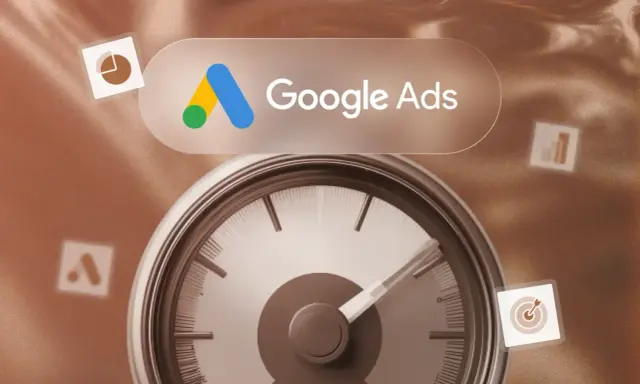 Compteur de performance pour le score de qualité Google Ads, avec icônes de graphiques et de cible.