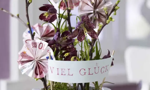 Kreative Geldgeschenke basteln: Ein Blumenarrangement mit gefalteten Euroscheinen und der Botschaft "Viel Glück".