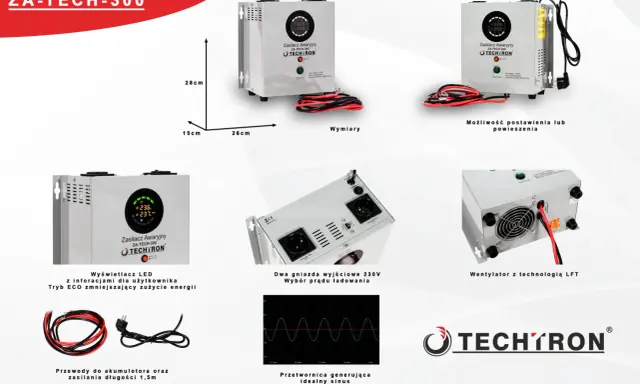 Domowy UPS Techtron ZA-TECH-300 z wyświetlaczem LED, dwoma gniazdami 230V i wentylatorem. Idealny do zabezpieczenia sprzętu.