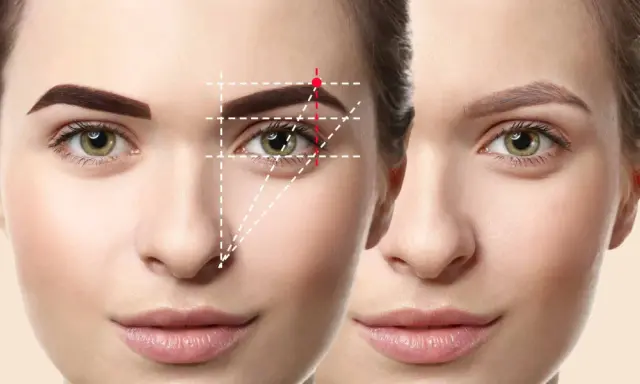 Test de quelle forme de sourcil, avec des lignes guidant la mesure parfaite pour un regard sublimé.